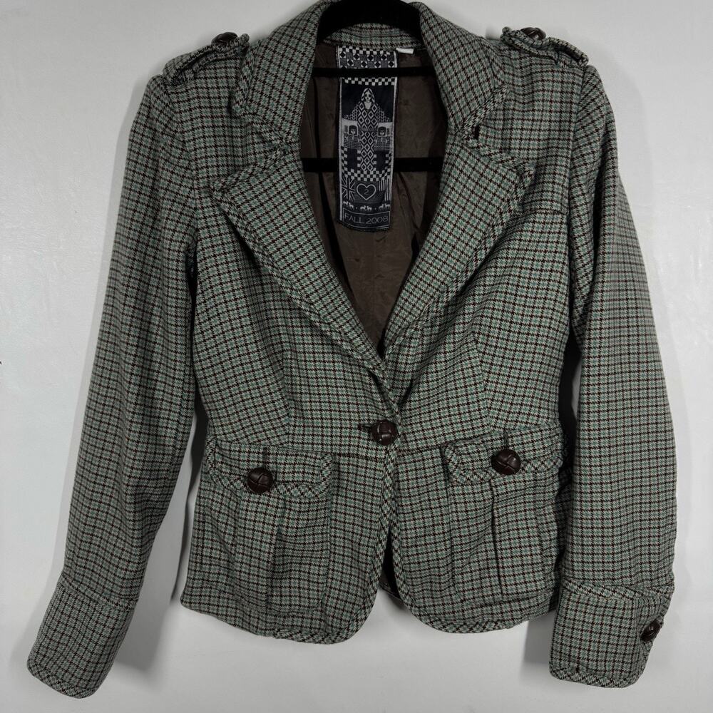 Y2K LAMB Gwen Stefani Wool Tweed Blazer Size 2 XS Teal Fitted Jacket 2008 Rare